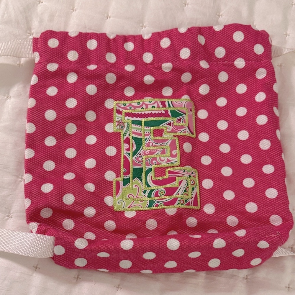 Pink Polka Dot Drawstring Bag with Monogram